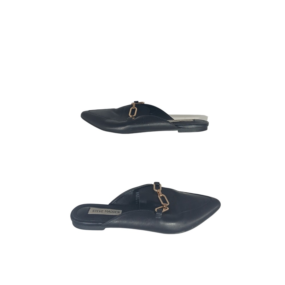 Steve Madden Faraway Mules 5.5M Black Leather Gold Chain Flat Slides Loafers